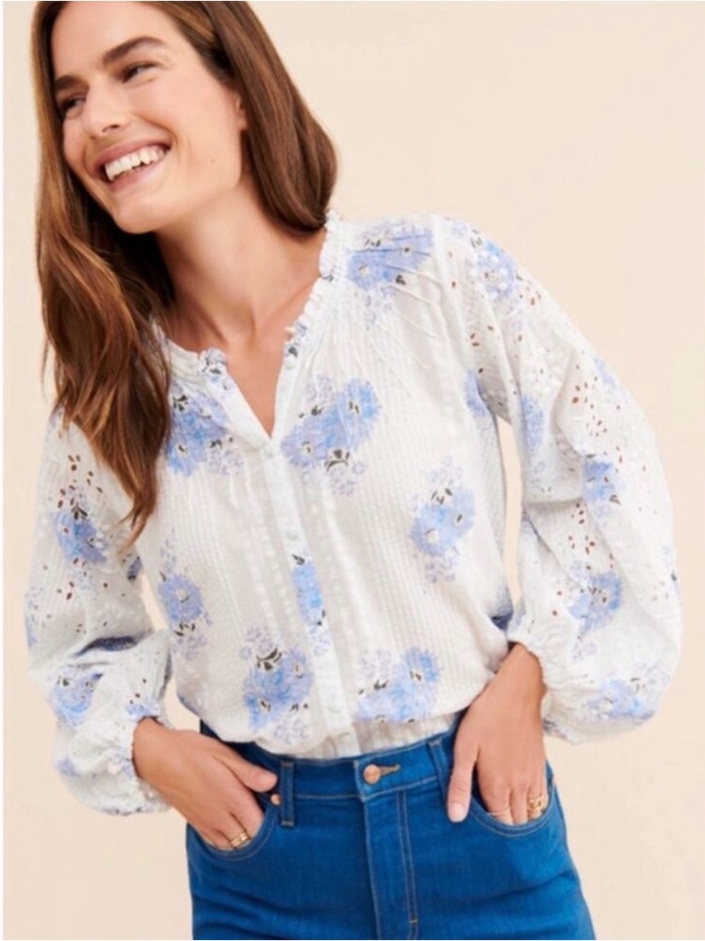 LOVESHACKFANCY Spectra Eyelet Cotton Top White Blue Floral - Size Medium